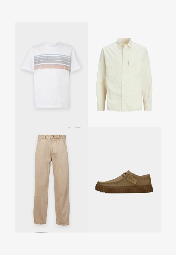 Camisa de manga larga color beige claro con cuello, dos bolsillos frontales, cierre de botones y una tela texturizada.; Camiseta blanca de manga corta con rayas horizontales en azul claro, gris y naranja. Diseñada con un corte estándar y un cuello de canalé.; Jeans de mezclilla beige con un diseño de pierna recta, que cuentan con bolsillos frontales, cierre de botón de metal y una textura sutil.; Zapatos de ante marrón claro con puntera redondeada, detalles de costura y una suela de goma marrón acanalada. Presentan una etiqueta lateral con el logotipo de "Clarks".