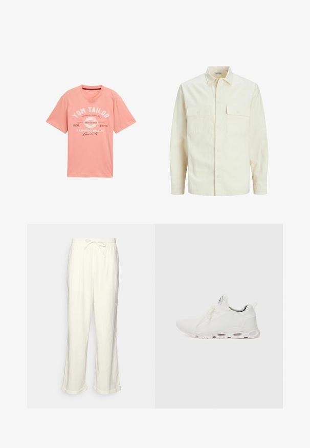 Camisa de manga larga color beige claro con cuello, dos bolsillos frontales, cierre de botones y una tela texturizada.; Camiseta de algodón rosa con cuello redondo, mangas cortas y texto impreso que incluye "Tom Tailor" y "Esenciales de Calidad Premium."; Pantalones de lino en color blanco roto con cintura elástica regulable, perneras ligeramente anchas y puños doblados para un ajuste relajado. Sin bolsillos.; Zapatillas deportivas blancas con un upper de punto texturizado, cordones planos y una suela acolchada con cámaras de aire visibles para mayor soporte.