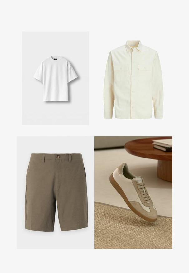 Svetlo bež srajca z dolgimi rokavi, ovratnim izrezom, dvema sprednjima žepoma, zapenjanjem na gumbe in teksturirano tkanino.; Bela bombažna majica s kratkimi rokavi, okroglim ovratnikom in sproščenim krojem. Gladka tekstura, brez vzorcev ali okrasnih elementov.; Olive zelene hlače kratke, izdelane iz teksturirane tkanine, z gumbom za zapiranje in ravnim sprednjim delom, ter stranskimi žepi za funkcionalnost.; Lahki športni copat z belim usnjenim zgornjim delom in bež semiš poudarki, okroglo nosnico ter teksturiranim rjavim gumijastim podplatom.