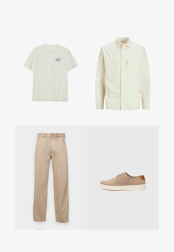 Gai bēšs garām piedurknēm krekls ar apkakles izgriezumu, divām priekšējām kabatām, pogu aizdari un teksturētu audumu.; Gaiši krēmkrāsas kokvilnas T-krekls ar īsām piedurknēm. Ar nelielu zilu un sarkanu marlina grafiku un tekstu "MARLIN TROPHY".; Beige džinsi ar taisnu kāju dizainu, ar priekšējiem kabatām, metāla pogu aizdari un smalku faktūru.; Beige zamšādas kedas ar noapaļotu purngala daļu, auklēm saplacinātu priekšpusi un teksturētu aizmugures akcentu. Balta gumijas zole nodrošina kontrastu. Vienkāršs un mūsdienīgs dizains.