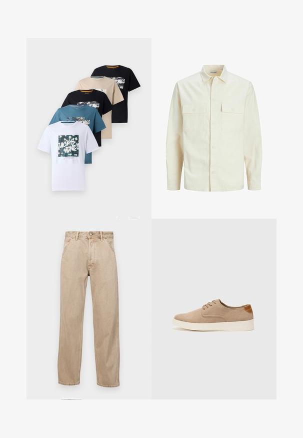 Camisa de manga larga color beige claro con cuello, dos bolsillos frontales, cierre de botones y una tela texturizada.; Cinco camisetas de manga corta en blanco, verde azulado, beige, negro y azul marino oscuro, con estampados gráficos en el frente que presentan diversos diseños florales.; Jeans de mezclilla beige con un diseño de pierna recta, que cuentan con bolsillos frontales, cierre de botón de metal y una textura sutil.; Zapatillas de ante beige con puntera redondeada, cordones en la parte delantera y un acento texturizado en la parte trasera. La suela de goma blanca proporciona contraste. Diseño sencillo y moderno.