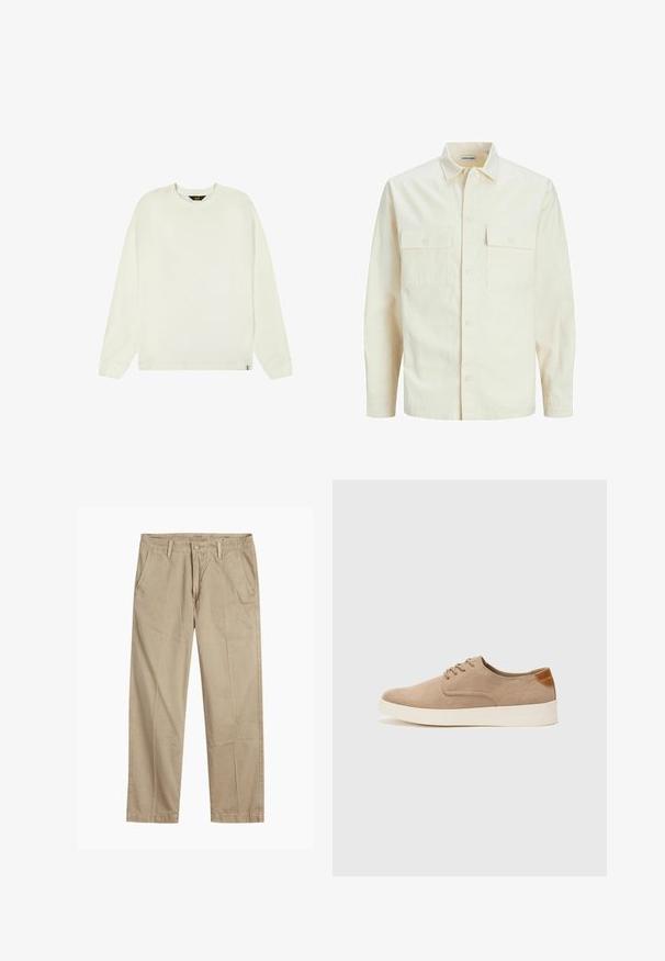 Vaaleanbeige pitkähihaisen paidan, jossa on kaulukset, kaksi etutaskua, nappikiinnitys ja tekstiilissä on tekstuuria.; Lee WAFFLE TEE - REGULAR FIT - Pitkähihainen paita - ecru; Beige suorat lahkeet chinosit vyölenkkeillä, etupainike- ja vetskarikiinnitys sekä viistot etutaskut.; Beige nubuck-lenkkarit, joissa on pyöreä kärki, nauhakiinnitys ja teksturoitu takaosa. Valkoinen kumipohja tuo kontrastia. Yksinkertainen ja moderni muotoilu.