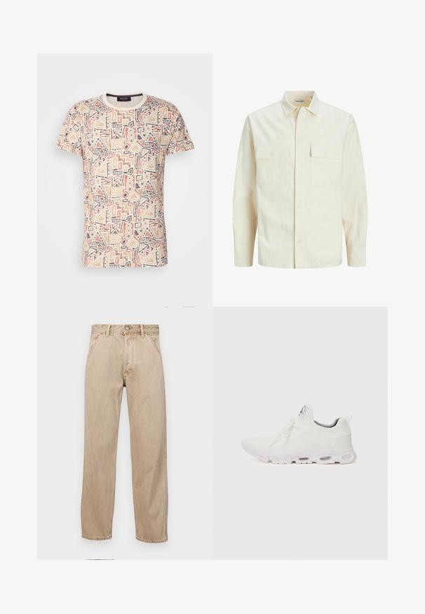 Světle béžová košile s dlouhým rukávem, límečkem, dvěma předními kapsami, zapínáním na knoflíky a strukturovanou tkaninou.; Krátký rukáv tričko z béžové látky s geometrickými vzory v oranžové, námořnické a hnědé barvě. Koložný výstřih s kontrastním lemem.; Béžové džíny z denimu se středně širokým střihem, vybavené předními kapsami, kovovým zapínáním na knoflík a jemnou texturou.; Bílé sportovní boty s texturovaným pleteným svrškem, plochými tkaničkami a polstrovanou podešví s viditelnými vzduchovými komorami pro zvýšenou podporu.