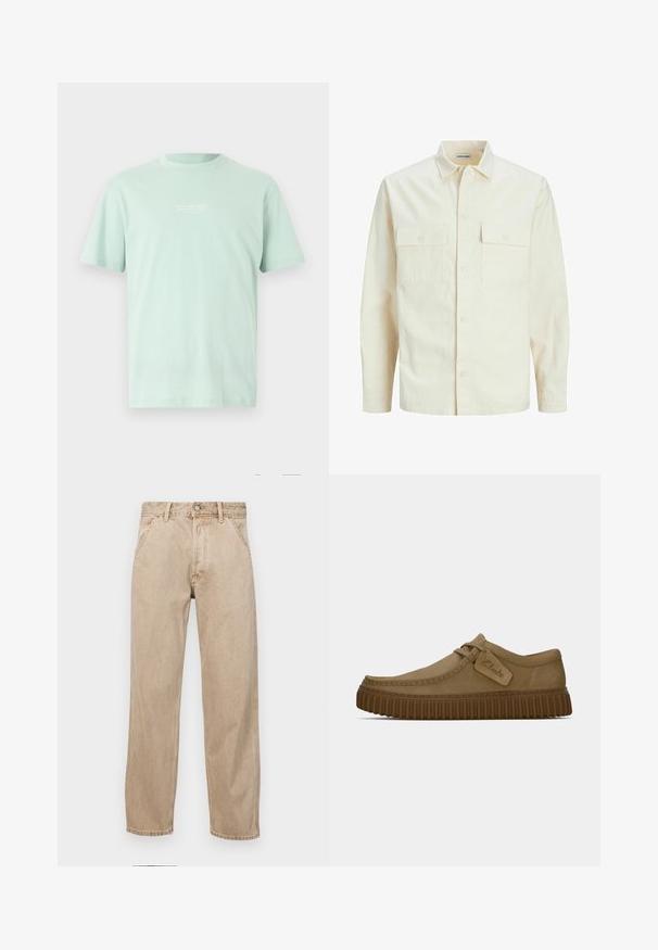 Šviesiai smėlio spalvos ilgomis rankovėmis marškiniai su apykakle, dviem priekinėmis kišenėmis, mygtukų uždarymu ir tekstūruota medžiaga.; Šviesiai mėtų žalios spalvos medvilninė marškinėliai su apvalia iškirpte, trumpomis rankovėmis ir mažo balto teksto grafika ant krūtinės. Lygus paviršius ir laisvas siluetas.; Smėlio spalvos džinsai su tiesia kojų siluetu, turintys priekinę kišenę, metalinį mygtuką ir subtilią tekstūrą.; Šviesiai rudos zomšinės bateliai su apvaliu pirštu, siuvinėjimo detalėmis ir raguota ruda guma. Su šonine etikete su "Clarks" logotipu.