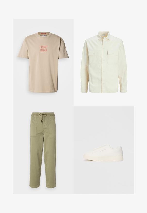 Camisa de manga larga color beige claro con cuello, dos bolsillos frontales, cierre de botones y una tela texturizada.; Camiseta de algodón beige con cuello redondo, mangas cortas y texto impreso en rojo: "SCOTCH & SODA ART DEPT. CLASE DEL '85 AMSTERDAM."; Pantalones verde oliva claro hechos de una mezcla de algodón, con una cinturilla elástica y cordón, y dos grandes bolsillos laterales.; Zapatillas blancas tipo slip-on con una superficie texturizada, suela gruesa y diseño minimalista. Presenta el logo de la marca en un lado.