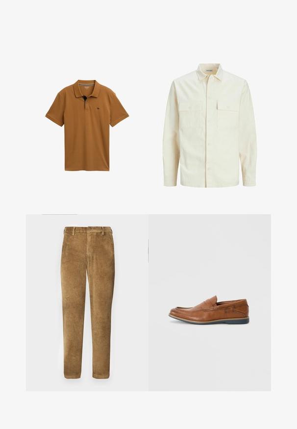 Šviesiai smėlio spalvos ilgomis rankovėmis marškiniai su apykakle, dviem priekinėmis kišenėmis, mygtukų uždarymu ir tekstūruota medžiaga.; Ruda polo marškinėliai, pagaminti iš lygaus medvilnės, su klasikiniu apykakle, trims mygtukams ir kontrastine tamsiai mėlyna detale ant apykaklės.; Rudų aksominių kelnių su vertikaliu raukšlėtu tekstūru, tiesiu kirpimu, sagčių uždarymu ir diržo kilpomis. Lygus audinys su minkštu paviršiumi.; Rudoni odiniai loaf'eriai su apvalia nosimi, siuvinėtomis detalėmis ir žema guminėmis pakulne. Dizainas turi juostą per viršutinę dalį.