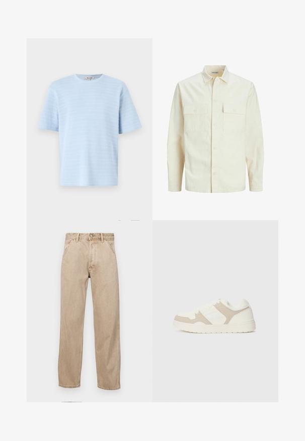 Světle béžová košile s dlouhým rukávem, límečkem, dvěma předními kapsami, zapínáním na knoflíky a strukturovanou tkaninou.; Svetle modré tričko s krátkým rukávem vyrobené z texturované pleteniny s horizontálními pruhy. Kulatý výstřih a volný střih.; Béžové džíny z denimu se středně širokým střihem, vybavené předními kapsami, kovovým zapínáním na knoflík a jemnou texturou.; Bílo-beige tenisky s kombinací hladkého a semišového materiálu, kulatou špičkou, šněrováním a plochou gumovou podešví.