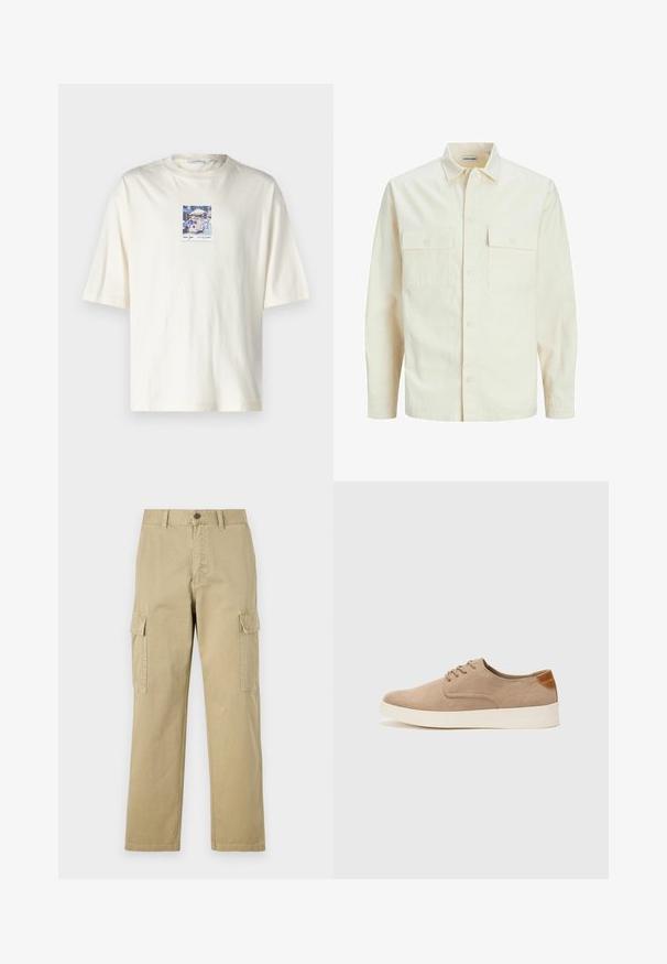 Camicia beige chiaro a maniche lunghe con colletto, due tasche frontali, chiusura a bottoni e un tessuto texturizzato.; Maglietta a maniche corte di colore crema, realizzata in cotone, con una grafica quadrata che rappresenta una scena di strada di New York al centro. Design classico con scollo rotondo.; Pantaloni cargo beige in cotone, dotati di due tasche laterali, chiusura con bottone e gamba dritta con tessuto leggermente texture.; Sneaker in suede beige con punta arrotondata, stringhe davanti e un accento testurizzato sul retro. La suola in gomma bianca offre un contrasto. Design semplice e moderno.