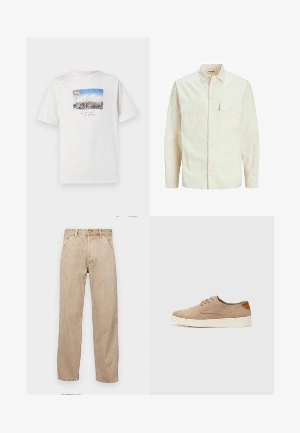 Šviesiai smėlio spalvos ilgomis rankovėmis marškiniai su apykakle, dviem priekinėmis kišenėmis, mygtukų uždarymu ir tekstūruota medžiaga.; Baltas medvilnės marškinėliai trumpomis rankovėmis su nuotraukine atspaudu automobilių plovimo tema ir po vaizdu ranka rašytu tekstu.; Smėlio spalvos džinsai su tiesia kojų siluetu, turintys priekinę kišenę, metalinį mygtuką ir subtilią tekstūrą.; Bežiniai zomšiniai sportbačiai su apvaliomis pirštų dalimis, raišteliais priekyje ir tekstūruotu užkulniu. Balta guma suteikia kontrastą. Paprastas ir modernus dizainas.