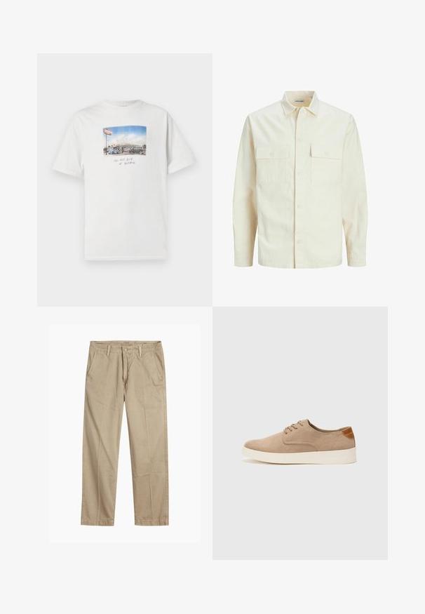 Light beige long-sleeve shirt with a collared neckline, two front pockets, button closure, and a textured fabric.; White cotton t-shirt with short sleeves featuring a photographic print of a car wash and handwritten text below the image.; Beige straight-leg chinos with belt loops, front button and zipper closure, and slant front pockets.; Beige suede sneakers with a rounded toe, lace-up front, and a textured back accent. White rubber sole provides contrast. Simple and modern design.