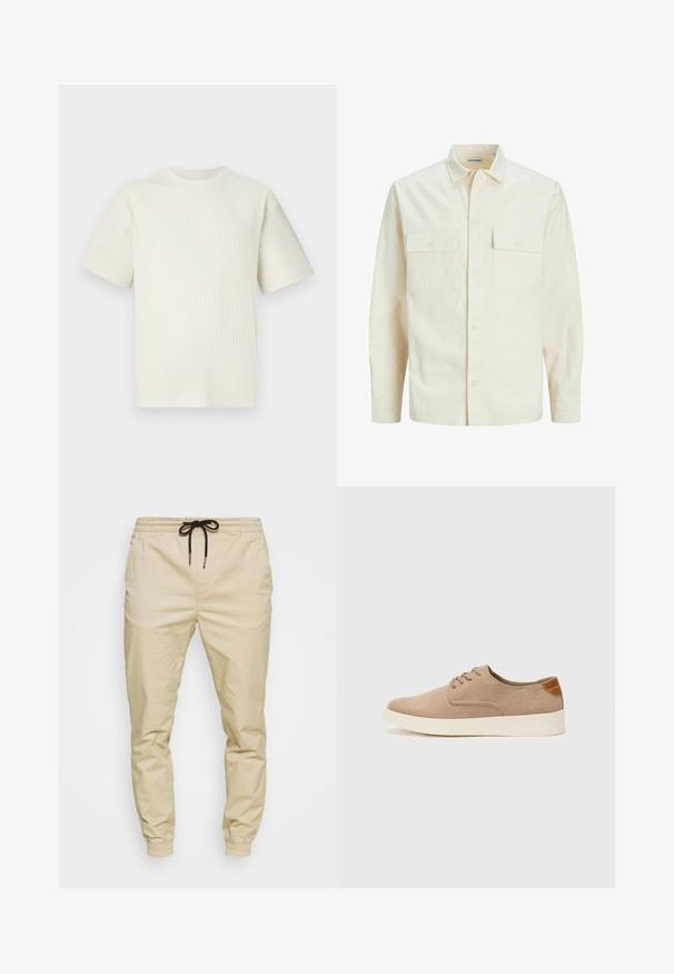Világos bézs színű, hosszú ujjú ing, galléros nyakkal, két elülső zsebbel, gombos záródással és struktúrált anyaggal.; Világos bézs bordázott póló, rövid ujjal és kerek nyakkivágással, sima fehér háttér előtt bemutatva.; Beige színű jogger nadrág rugalmas derékkal és állítható fekete húzózsinórral. Átszűkülő szárak rugalmas mandzsettával, sima szövettextúra.; Beige velúr sportcipő, kerek orral, fűzős elülső résszel és textúrált hátsó részlettel. Fehér gumitalp kontrasztot ad. Egyszerű és modern design.