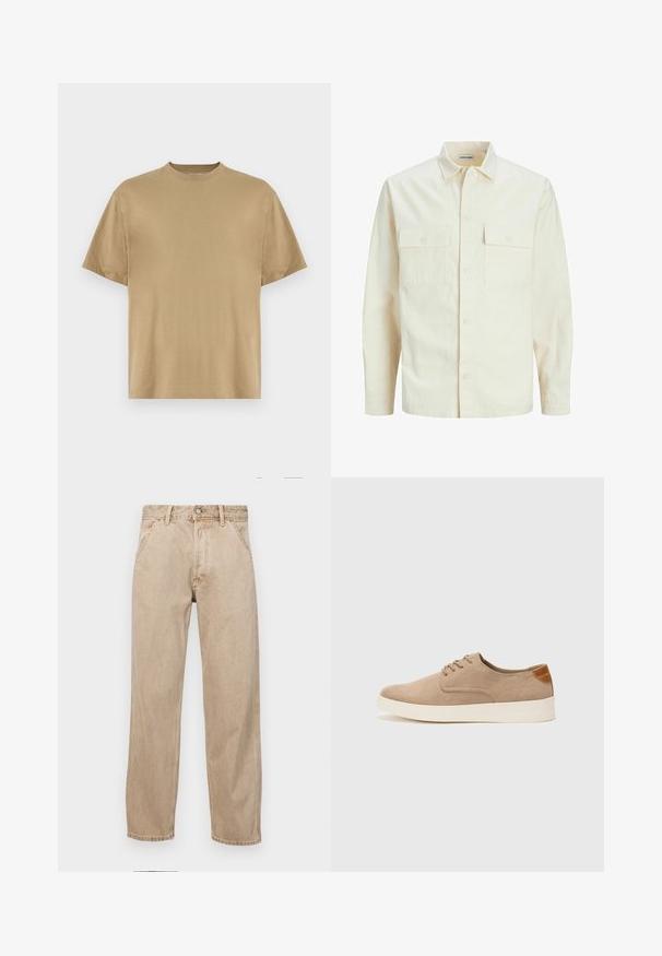 Svetlo bež srajca z dolgimi rokavi, ovratnim izrezom, dvema sprednjima žepoma, zapenjanjem na gumbe in teksturirano tkanino.; Khaki majica s kratkimi rokavi, izdelana iz mehkega materiala, z okroglo ovratnico in sproščenim krojem. Brez vzorcev ali grafik.; Beige jeans iz džinsa s ravnim nogavicama, ki imajo sprednje žepe, kovinsko zapiranje in subtilno teksturo.; Bež tkanine usnjene superge z zaobljenim nosom, vezalkami na sprednji strani in teksturiranim zadnjim detajlom. Belo gumijasto podplato zagotavlja kontrast. Enostaven in sodoben dizajn.