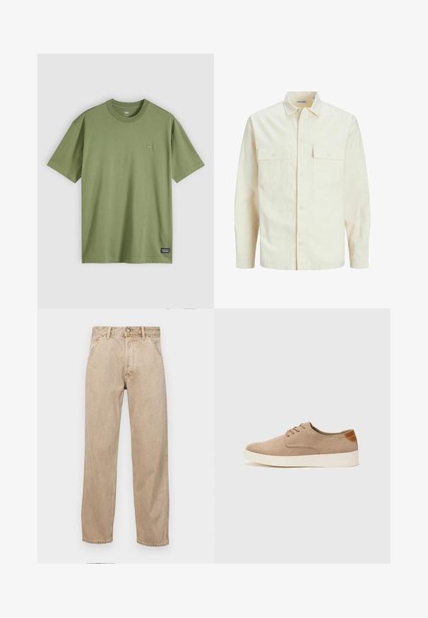 Gai bēšs garām piedurknēm krekls ar apkakles izgriezumu, divām priekšējām kabatām, pogu aizdari un teksturētu audumu.; Olīvu zaļš kokvilnas T-krekls ar apaļu kakla izgriezumu un īsām piedurknēm. Uz krūšu ir neliels, smalks logotipa uzlīme, un apakšmalā ir izsieta zīmola birka.; Beige džinsi ar taisnu kāju dizainu, ar priekšējiem kabatām, metāla pogu aizdari un smalku faktūru.; Beige zamšādas kedas ar noapaļotu purngala daļu, auklēm saplacinātu priekšpusi un teksturētu aizmugures akcentu. Balta gumijas zole nodrošina kontrastu. Vienkāršs un mūsdienīgs dizains.