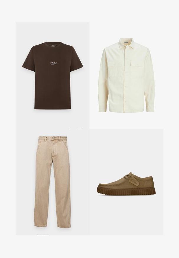 Gai bēšs garām piedurknēm krekls ar apkakles izgriezumu, divām priekšējām kabatām, pogu aizdari un teksturētu audumu.; Brūna kokvilnas T-kreklu ar īsām piedurknēm, apaļu kaklu un mazu baltu logo uz krūtīm. Gluda tekstūra un parasts piegriezums.; Beige džinsi ar taisnu kāju dizainu, ar priekšējiem kabatām, metāla pogu aizdari un smalku faktūru.; Gai brūni zamša apavi ar noapaļotu purngalu, šuvju detaļām un ribotu brūnu gumijas zoli. Satur sānu uzlīmi ar "Clarks" logotipu.