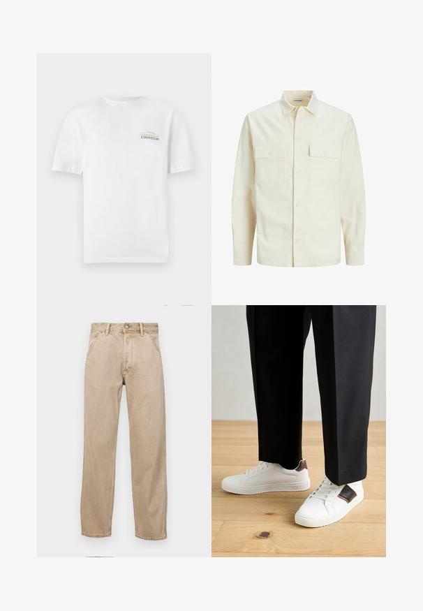 Chemise longue à manches longues beige clair avec un col, deux poches frontales, fermeture à boutons et un tissu texturé.; T-shirt blanc en coton avec des manches courtes, un col rond et un petit logo imprimé en noir et or qui indique "Cancun."; Jeans en denim beige avec une coupe droite, dotés de poches avant, d'une fermeture à bouton en métal et d'une texture subtile.; Des sneakers blanches au texture lisse, avec des accents en cuir marron et des détails noirs, assorties à un pantalon noir ajusté. Fond en parquet.