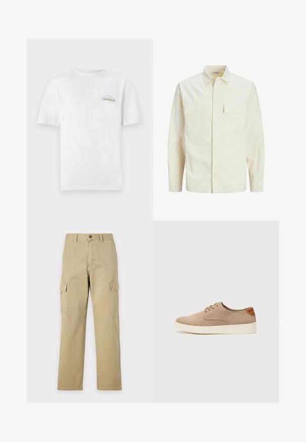 Cămașă lungă cu mâneci lungi de culoare bej deschis, cu guler, două buzunare frontale, închidere cu butoane și un material texturat.; Tricou alb din bumbac cu mâneci scurte, guler rotund și un mic logo imprimat în negru și aur, care spune "Cancun."; Pantaloni cargo bej din bumbac, cu două buzunare laterale, închidere cu nasture și picioare drepte dintr-un material ușor texturat.; Tenisi din suede bej cu vârf rotund, sistem de șireturi în față și un accent texturat în spate. Talpa albă din cauciuc oferă un contrast. Design simplu și modern.