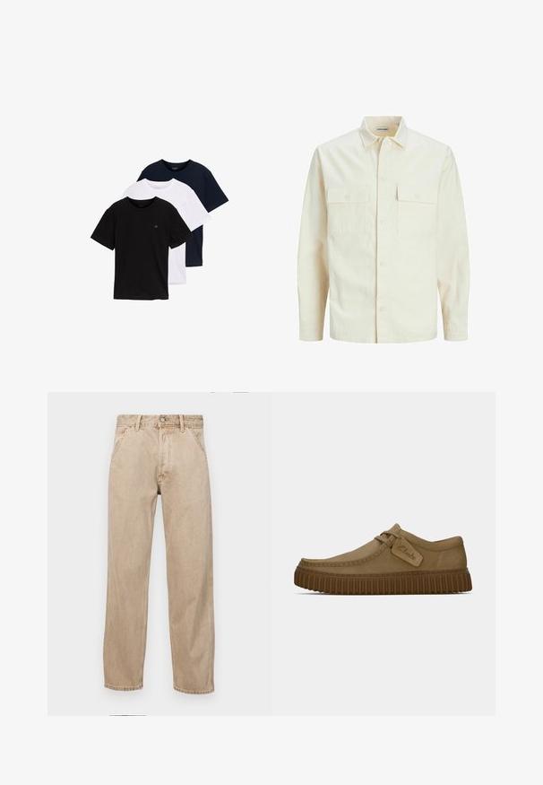 Gai bēšs garām piedurknēm krekls ar apkakles izgriezumu, divām priekšējām kabatām, pogu aizdari un teksturētu audumu.; Trīs īsām piedurknēm T-krekli melnā, baltā un tumši zilā krāsā. Izgatavoti no kokvilnas, ar apaļu kakla izgriezumu un nelielu logotipu uz krūtīm.; Beige džinsi ar taisnu kāju dizainu, ar priekšējiem kabatām, metāla pogu aizdari un smalku faktūru.; Gai brūni zamša apavi ar noapaļotu purngalu, šuvju detaļām un ribotu brūnu gumijas zoli. Satur sānu uzlīmi ar "Clarks" logotipu.