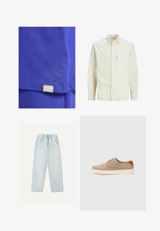 Lys beige langærmet skjorte med krave, to forlommer, knaplukning og et tekstureret stof.; Blå bomulds T-shirt med en glat tekstur, korte ærmer og et rektangulært stofmærke med teksten "DEF" nær kanten.; Lys blå denim jeans med en afslappet pasform, lige ben design, fem-lomme stil og subtil falmning på stoffet.; Beige ruskinds sneakers med rund tå, snørebånd foran og en struktureret rygdetalje. Hvid gummisål giver kontrast. Enkel og moderne design.