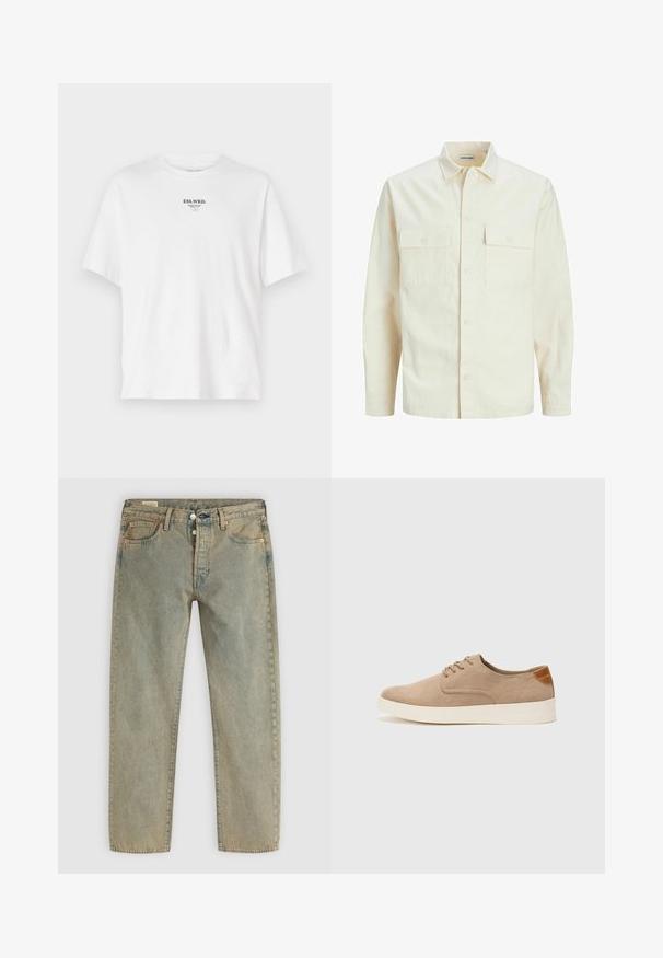 Svetlo béžová košeľa s dlhým rukávom, s golierom, dvoma prednými vreckami, zapínaním na gombíky a textúrovanou látkou.; Biela bavlnená tričko s okrúhlym výstrihom, krátkymi rukávmi a potlačeným logom s nápisom "ESS.WRD." na hrudi, minimalistický dizajn.; Svetlomodré rovné džínsy so zapínaním na gombík vpredu, piatimi vreckami, pútkami na opasok a detailmi z medi.; Béžové semišové tenisky s okrúhlou špičkou, šnurovaním vpredu a textúrovaným zadným akcentom. Biela gumová podrážka poskytuje kontrast. Jednoduchý a moderný dizajn.