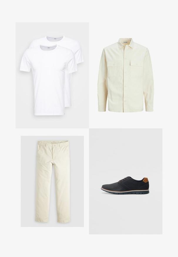 Világos bézs színű, hosszú ujjú ing, galléros nyakkal, két elülső zsebbel, gombos záródással és struktúrált anyaggal.; Fehér pamut pólók két darabos csomagban. Kerek nyakkivágás, rövid ujjak és sima textúra. Nincsenek minták vagy grafikai elemek.; Világos bézs, laza szabású nadrág három zsebbel, övpántokkal és egyenes szárú kialakítással. Puha pamut keverék anyagból készült.; Fekete szintetikus cipők, textúrált felsőrésszel, sima díszítésekkel, barna sarkával és kontrasztos talppal. Minimális fűzéssel és varrási részletekkel rendelkezik.