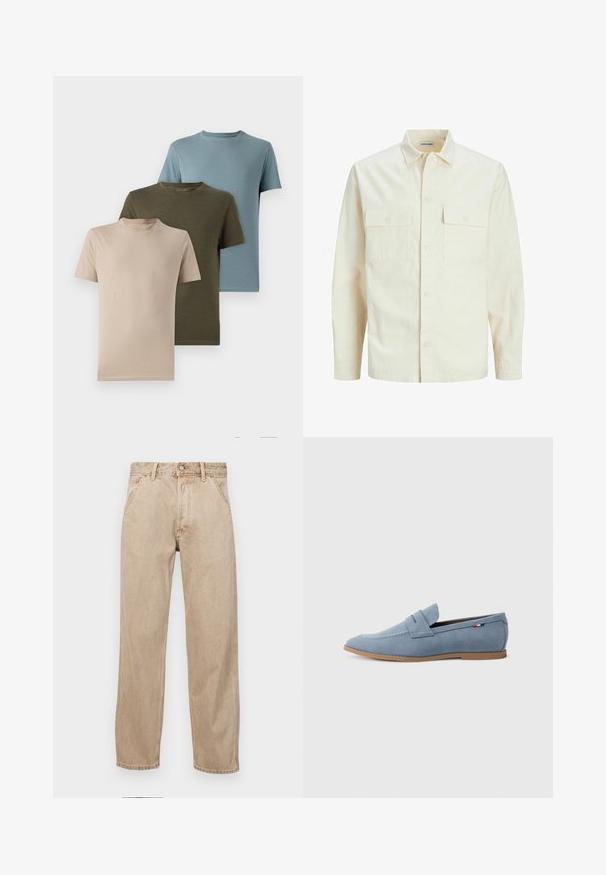 Gai bēšs garām piedurknēm krekls ar apkakles izgriezumu, divām priekšējām kabatām, pogu aizdari un teksturētu audumu.; Trīs īsām piedurknēm t-krekli bežā, olīvu zaļā un gaismas zilā krāsā, izgatavoti no mīksta auduma ar apaļu kakla izgriezumu un vienkāršu dizainu.; Beige džinsi ar taisnu kāju dizainu, ar priekšējiem kabatām, metāla pogu aizdari un smalku faktūru.; Gaiši zilas zamšādas mokasīni ar gludu faktūru, dekoratīvo izšuvumu un brūnu gumijas zoli. Augšdaļā ir penny slot dizains.