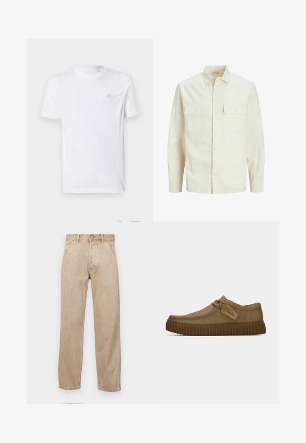 Camisa de manga larga color beige claro con cuello, dos bolsillos frontales, cierre de botones y una tela texturizada.; Camiseta de algodón blanca con cuello redondo y mangas cortas, con un logotipo azul claro en el lado izquierdo del pecho. Textura suave, diseño simple.; Jeans de mezclilla beige con un diseño de pierna recta, que cuentan con bolsillos frontales, cierre de botón de metal y una textura sutil.; Zapatos de ante marrón claro con puntera redondeada, detalles de costura y una suela de goma marrón acanalada. Presentan una etiqueta lateral con el logotipo de "Clarks".