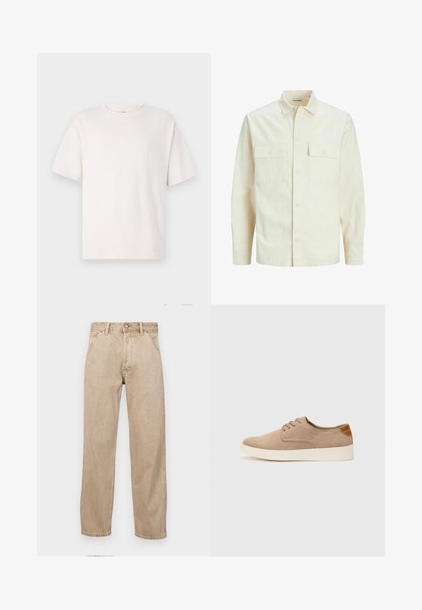 Šviesiai smėlio spalvos ilgomis rankovėmis marškiniai su apykakle, dviem priekinėmis kišenėmis, mygtukų uždarymu ir tekstūruota medžiaga.; Balta trumpa rankovėmis marškinėliai, pagaminti iš minkštos medvilnės. Turi apvalų iškirpimą ir laisvą siluetą. Lygus audinys be raštų ar akcentų.; Smėlio spalvos džinsai su tiesia kojų siluetu, turintys priekinę kišenę, metalinį mygtuką ir subtilią tekstūrą.; Bežiniai zomšiniai sportbačiai su apvaliomis pirštų dalimis, raišteliais priekyje ir tekstūruotu užkulniu. Balta guma suteikia kontrastą. Paprastas ir modernus dizainas.