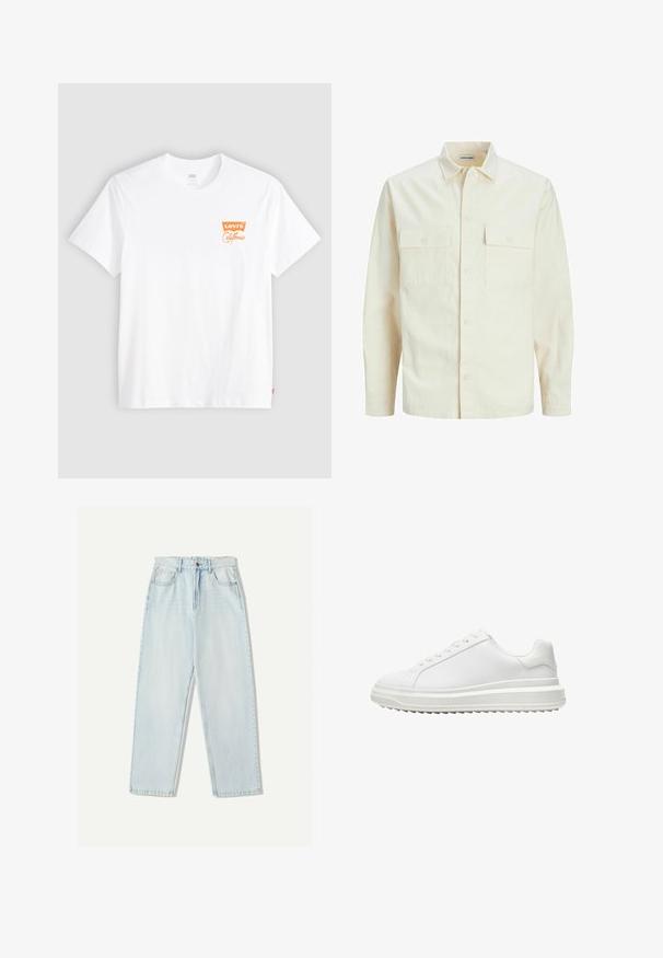 Světle béžová košile s dlouhým rukávem, límečkem, dvěma předními kapsami, zapínáním na knoflíky a strukturovanou tkaninou.; Bílá bavlněná tričko s krátkým rukávem a kulatým výstřihem. Vyznačuje se oranžovým logem Levi's California na levé části hrudi.; Světle modré džíny s volným střihem, rovnými nohavicemi, pěti kapsami a jemným vyblednutím látky.; Bílé tenisky s hladkým syntetickým svrškem, kulatou špičkou, plochými tkaničkami, texturovanou podrážkou a vrstveným designem platformy pro zvýšení výšky.