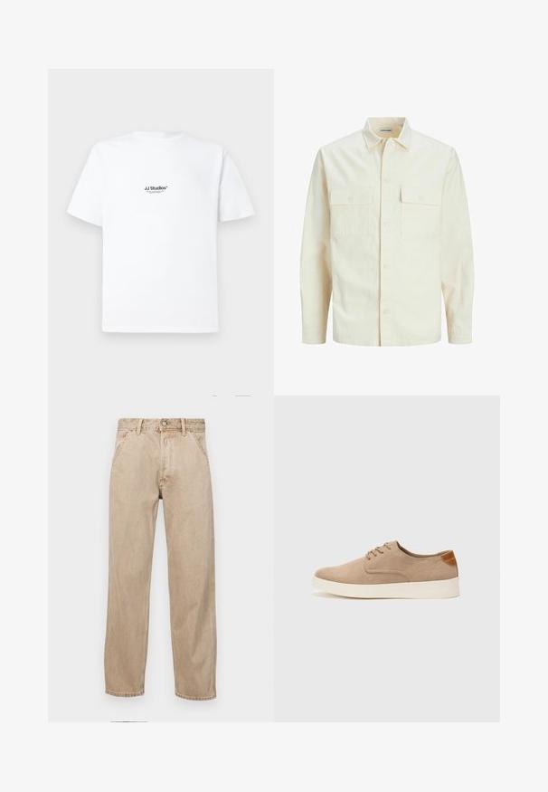 Kergedbež pika-särk pikkade varrukatega, krae ja kahe eespool asuva taskuga, nööpidega kinnitamine ja reljeefne materjal.; Valge puuvillane t-särk lühikeste varrukatega. Rinnal on väike must logo tekst "JJ Studios". Lihtne ja kaunistusteta disain.; Bežidemini teksased sirgjoonise kujundusega, front pocket'itega, metallist nööbi kinnitusega ja peene tekstuuriga.; Beežid nahast tossud ümarate varvastega, paeltega esiosa ja tekstuuriga tagakontuuriga. Valge kummist tallapakkumine loob kontrasti. Lihtne ja kaasaegne disain.