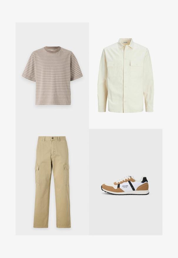Ljusbeige långärmad skjorta med krage, två framfickor, knäppning och en texturerad tyg.; Ränderad kortärmad t-shirt i beige nyanser, rund halsringning, mjukt tyg, avslappnad passform, med växlande ljusa och mörka horisontella ränder.; Beige cargobyxor i bomull, med två sidofickor, knappstängning och raka ben i ett något texturerat tyg.; Retro-stil sneakers i vit, tan mocka, svarta accenter, vita snören och "Jack & Jones EST. 1990" logotyp på sidan.