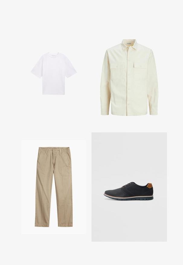 Cămașă lungă cu mâneci lungi de culoare bej deschis, cu guler, două buzunare frontale, închidere cu butoane și un material texturat.; Tricou alb cu mânecă scurtă din bumbac. Potrivire lejeră cu decolteu rotund. Textură netedă și fără modele sau accente vizibile.; Chino bej cu picior drept, cu bucle pentru curea, închidere cu nasture și fermoar în față, și buzunare laterale înclinate.; Pantofi sintetici negri cu un superior texturat, accente netede, toc maro și o talpă contrastantă. Prezintă un șnur minimalist și detalii de cusătură.