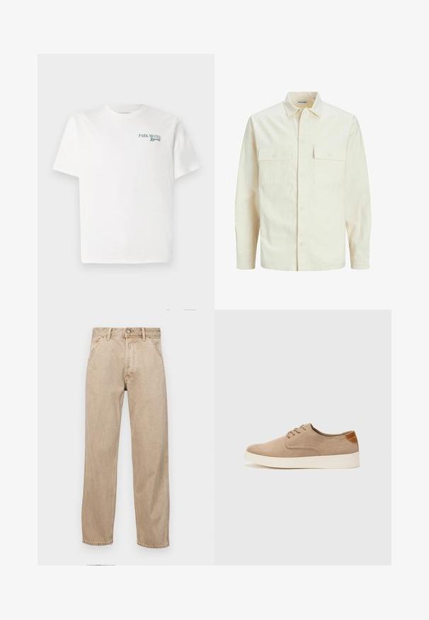 Svijetlo bež košulja dugih rukava s ovratnikom, dva prednja džepa, zatvaranje na dugmad i teksturirani materijal.; Bijela pamučna majica s okruglim izrezom. Na prednjoj strani nalazi se zeleni natpis: "PARK MOTEL Resort." Kratak rukav i ležeran kroj. Glatka tekstura.; Bež teksas traperice ravnog kroja, s prednjim džepovima, metalnim zakopčavanjem i suptilnom teksturom.; Bež nubuk tenisice s okruglim vrhom, vezanjem sprijeda i teksturiranim stražnjim naglaskom. Bijela gumena potpetica pruža kontrast. Jednostavan i moderan dizajn.