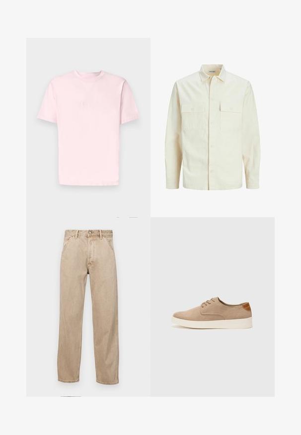 Jasno beżowa koszula z długim rękawem, z kołnierzykiem, dwoma kieszeniami z przodu, zapięciem na guziki i teksturowanym materiałem.; Jack & Jones JORVESTERBRO jasnoróżowy; Beżowe dżinsy o prostym kroju, z przednimi kieszeniami, metalowym zapięciem na guzik i delikatną teksturą.; Beżowe zamszowe sneakersy z okrągłym noskiem, sznurowanym przodem i teksturowanym akcentem na tyle. Biała gumowa podeszwa tworzy kontrast. Prosty i nowoczesny design.