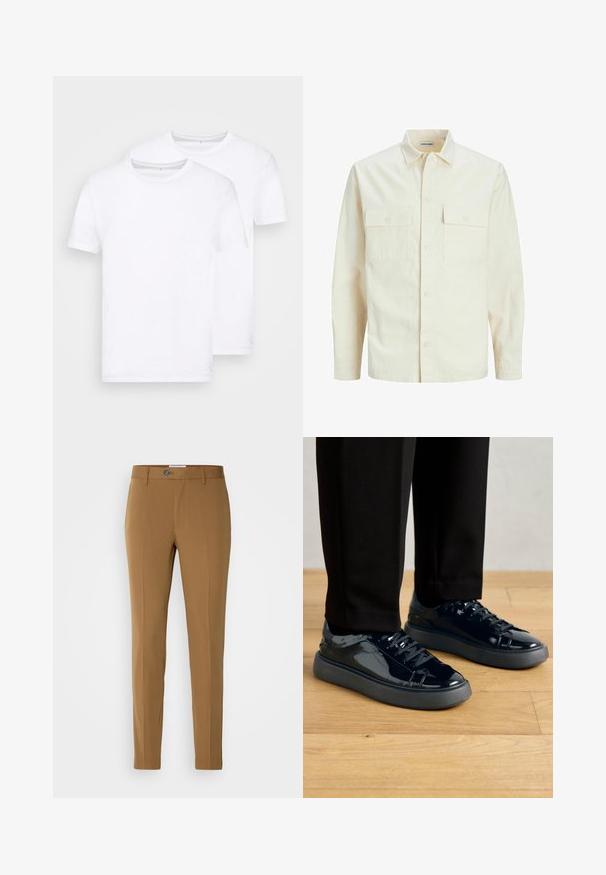 Cămașă lungă cu mâneci lungi de culoare bej deschis, cu guler, două buzunare frontale, închidere cu butoane și un material texturat.; TOM TAILOR DOUBLE PACK - Tricou basic - white; Pantaloni kaki croiți, cu o potrivire dreaptă, având fermoar frontal, închidere cu nasture și două buzunare laterale pentru funcționalitate.; Sneakers din piele patent negru, cu talpă din cauciuc texturat, vârf rotund și șireturi negre asortate, purtate cu pantaloni negri pe un podea din lemn.