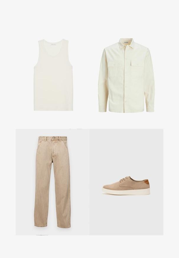 Šviesiai smėlio spalvos ilgomis rankovėmis marškiniai su apykakle, dviem priekinėmis kišenėmis, mygtukų uždarymu ir tekstūruota medžiaga.; Ribota balta marškinėliai su apykaklę ir plačiomis petnešomis, pagaminti iš minkštos, tekstūruotos medžiagos, su tiesiu apačios kraštu.; Smėlio spalvos džinsai su tiesia kojų siluetu, turintys priekinę kišenę, metalinį mygtuką ir subtilią tekstūrą.; Bežiniai zomšiniai sportbačiai su apvaliomis pirštų dalimis, raišteliais priekyje ir tekstūruotu užkulniu. Balta guma suteikia kontrastą. Paprastas ir modernus dizainas.