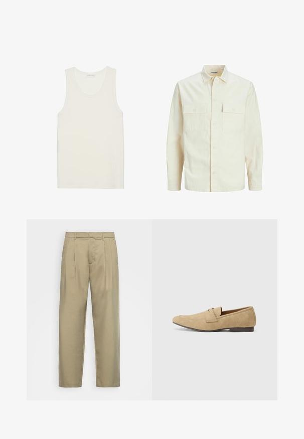 Camisa de manga larga color beige claro con cuello, dos bolsillos frontales, cierre de botones y una tela texturizada.; Top de tirantes blanco acanalado con un escote redondo y amplios tirantes, fabricado en una suave tela texturizada, con un dobladillo recto.; Pantalones beige de cintura alta con corte recto, con frente plano, bolsillos laterales y una tela suave y texturizada.; Mocasines de ante en color beige con un ligero brillo, con punta redondeada, diseño sin cordones y un bajo tacón marrón. Detalle de costura sutil.