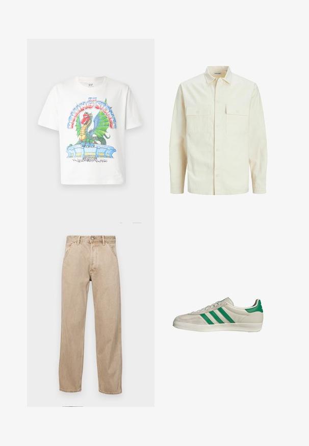 Hellbeige Langarmhemd mit klassischem Kragen, zwei Fronttaschen, Knopfverschluss und strukturiertem Stoff.; Weißes Baumwoll-T-Shirt mit einem bunten Grafikdruck eines Drachen und eines Stadions, mit dem Text "The Rolling Stones" in fetter, stilisierter Schrift.; Beige Denim-Jeans mit geradem Beinschnitt, ausgestattet mit Vordertaschen, einem Metallknopfverschluss und feiner Textur.; Beige Sneaker mit grünen Streifen, ausgestattet mit einer weißen Sohle und einem Obermaterial aus glattem Leder. Seitenansicht, die die Schnürdetails und das Logo hervorhebt.