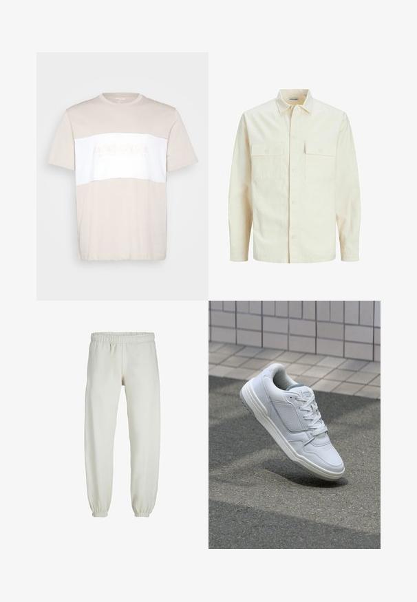 Hellbeige Langarmhemd mit klassischem Kragen, zwei Fronttaschen, Knopfverschluss und strukturiertem Stoff.; Beige Baumwoll-T-Shirt mit weißem horizontalem Einsatz. Verfügt über einen Rundhalsausschnitt und ein dezentes, eingeprägtes Logo auf der Brust. Kurze Ärmel.; Weiße Jogginghose aus weichem Stoff, mit elastischem Bund und Säumen, einer glatten Textur und lockerem Schnitt.; Weiße Ledersneaker mit perforierten Seiten, strukturierten Akzenten, flachen Schnürsenkeln und einer kontrastierenden grauen Ferse. Verfügt über eine leicht erhöhte Sohle.