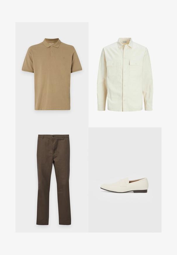 Világos bézs színű, hosszú ujjú ing, galléros nyakkal, két elülső zsebbel, gombos záródással és struktúrált anyaggal.; Khaki színű pólóing, pamutból készült, gallérral, két gombos gombolással, rövid ujjú, és egy kis logóval a mellrészen. Sima tapintású.; Barna pamut nadrág egyenes szárú fazonnal, gombos záródással és övbújtatókkal, sima textúrával, minták vagy kiegészítők nélkül.; Világos bézs loaferek hegyes orral, sima anyagból, a lábfejen lévő pánttal és alacsony barna talppal. Egyszerű dizájn, minimális díszítéssel.