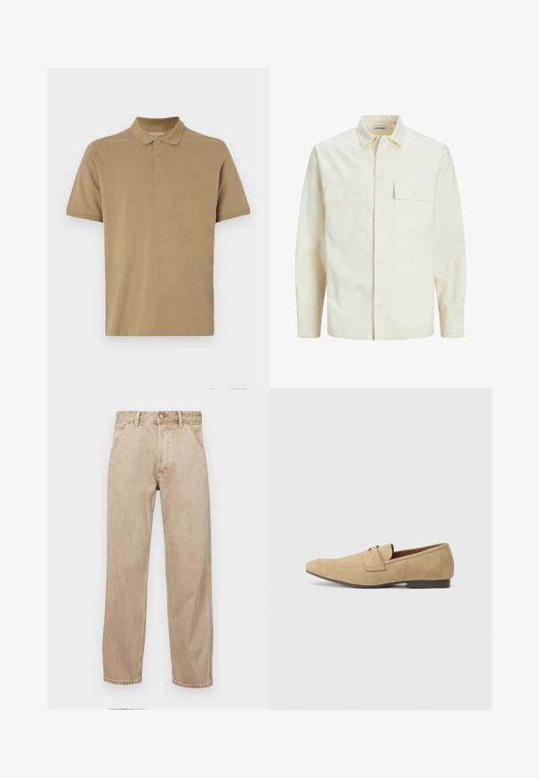 Kergedbež pika-särk pikkade varrukatega, krae ja kahe eespool asuva taskuga, nööpidega kinnitamine ja reljeefne materjal.; Khaki värvi puuvillane polo-särk, millel on krae, kahe nööbiga lukustus, lühikesed varrukad ja väike logo rinnal. Sile tekstuur.; Bežidemini teksased sirgjoonise kujundusega, front pocket'itega, metallist nööbi kinnitusega ja peene tekstuuriga.; Beige suede loafers, millel veidi läiget, ümarate varvastega, libisemisega disainiga ja madala pruuni kontsaga. Kerge õmbluste detail.