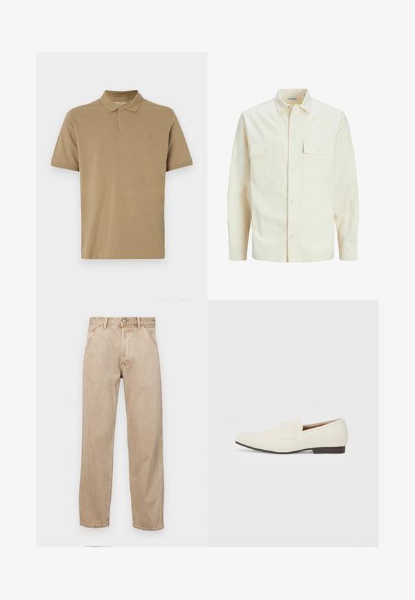 Světle béžová košile s dlouhým rukávem, límečkem, dvěma předními kapsami, zapínáním na knoflíky a strukturovanou tkaninou.; Khaki polo tričko vyrobené z bavlny, s límečkem, dvouknoflíkovou légou, krátkými rukávy a malým logem na hrudi. Hladká textura.; Béžové džíny z denimu se středně širokým střihem, vybavené předními kapsami, kovovým zapínáním na knoflík a jemnou texturou.; Světlé béžové mokasíny s špičatou špičkou, hladkým materiálem, páskem přes nárt a nízkou hnědou podrážkou. Jednoduchý design s minimálními akcenty.