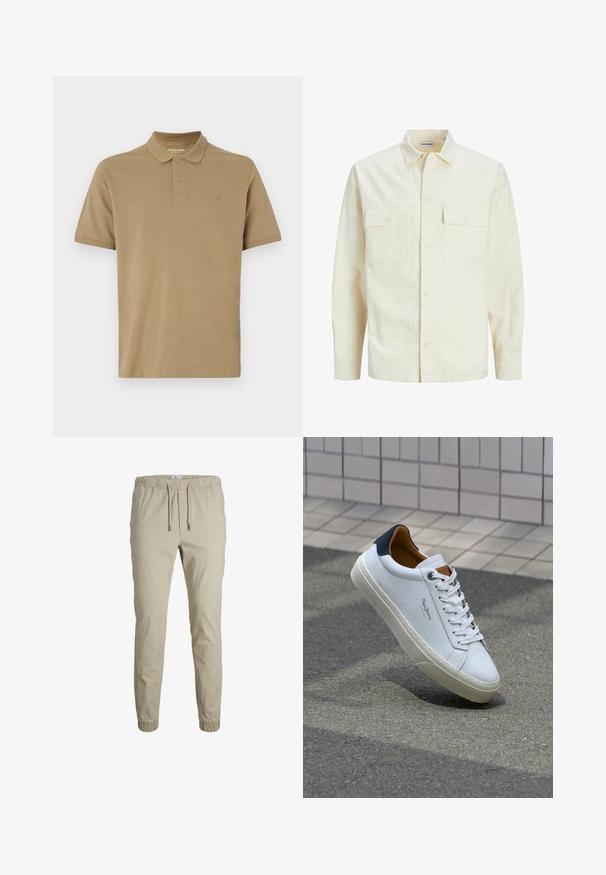 Vaaleanbeige pitkähihaisen paidan, jossa on kaulukset, kaksi etutaskua, nappikiinnitys ja tekstiilissä on tekstuuria.; Khaki-polo-paita, joka on valmistettu puuvillasta. Siinä on kaulus, kaksinappinen nappitus, lyhyet hihat ja pieni logo rinnassa. Tasainen rakenne.; Harmaat tapered-housut, joissa on joustava vyötärö, kiristysnauha ja nilkkavarren resorit, valmistettu pehmeästä kankaasta. Omaavat sileän pinnan ja minimalistisen muotoilun.; Valkoinen nahkakenkä, jossa on tummansininen kantapää, pyöreä kärki ja ristikkäiset ruskeat korostukset. Varustettu tasapaksuilla nauhoilla ja teksturoidulla kumipohjalla.