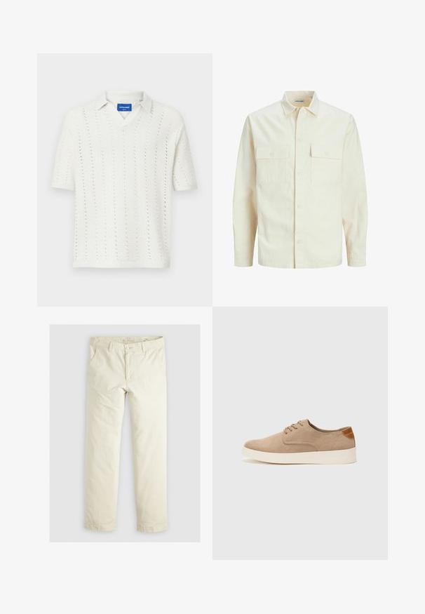 Vaaleanbeige pitkähihaisen paidan, jossa on kaulukset, kaksi etutaskua, nappikiinnitys ja tekstiilissä on tekstuuria.; Valkoinen neulottu lyhythihainen poolopaita, jossa on V-kaula-aukko, pystysuorat kuviot ja ribbaus helmoissa. Tunnus näkyvissä kauluksessa.; Vaaleanbeige löysäntuftiset housut, joissa on kolme taskua, vyölenkit ja suora lahje. Valmistettu pehmeästä puuvillasekoitekankaasta.; Beige nubuck-lenkkarit, joissa on pyöreä kärki, nauhakiinnitys ja teksturoitu takaosa. Valkoinen kumipohja tuo kontrastia. Yksinkertainen ja moderni muotoilu.