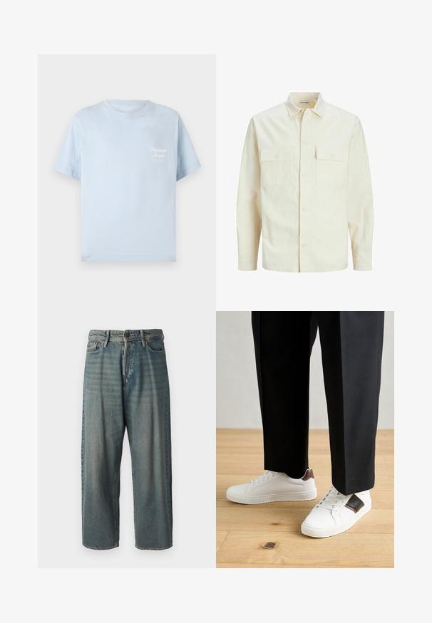 Lys beige langærmet skjorte med krave, to forlommer, knaplukning og et tekstureret stof.; Lyseblå t-shirt lavet af bomuld, med rund hals, korte ærmer og et lille hvidt logo på brystet, med en glat tekstur.; Lyseblå denim jeans med løs pasform, mellemhøj talje og lige ben. Har fem lommer, bæltestropper og en knappelukning.; Hvide sneakers med glat tekstur, prydet med brune læderdetaljer og sorte detaljer, sammen med sorte skræddersyede bukser. Baggrund med trægulv.