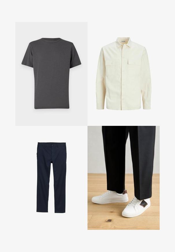 Gai bēšs garām piedurknēm krekls ar apkakles izgriezumu, divām priekšējām kabatām, pogu aizdari un teksturētu audumu.; Tumši pelēks T-krekls ar apaļu kakla izgriezumu, īsām piedurknēm, izgatavots no mīksta auduma. Priekšpusē ir diskrēts logos, gluda tekstūra ar minimālām šuvēm.; Jūras zila viegla auduma bikses ar gludu tekstūru, taisna kāju dizainu, pogu aizdari un sānu kabatām.; Baltā pārsoļa apavi ar gludu tekstūru, papildināti ar brūniem ādas akcentiem un melniem elementiem, savienoti ar melnām pielāgotām biksēm. Koka grīdas fons.