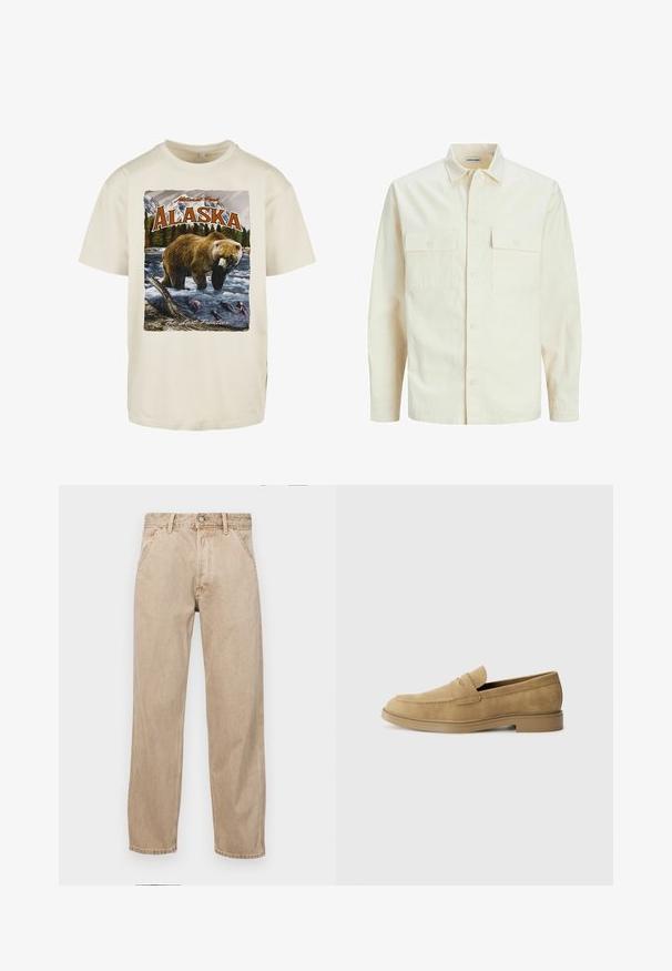 Kergedbež pika-särk pikkade varrukatega, krae ja kahe eespool asuva taskuga, nööpidega kinnitamine ja reljeefne materjal.; Kreemivalge puuvillane T-särk, millel on graafiline prindiga pruuni karu vees, mäed ja puud, millel on kirjas "Alaska" ja "Viimane Piir."; Bežidemini teksased sirgjoonise kujundusega, front pocket'itega, metallist nööbi kinnitusega ja peene tekstuuriga.; Kahvatusuede loaferid ümmarguse varbaga, madala plokknõelaga ja tikandiga pealispinnal. Sujuv tekstuur ja minimalistik disain.