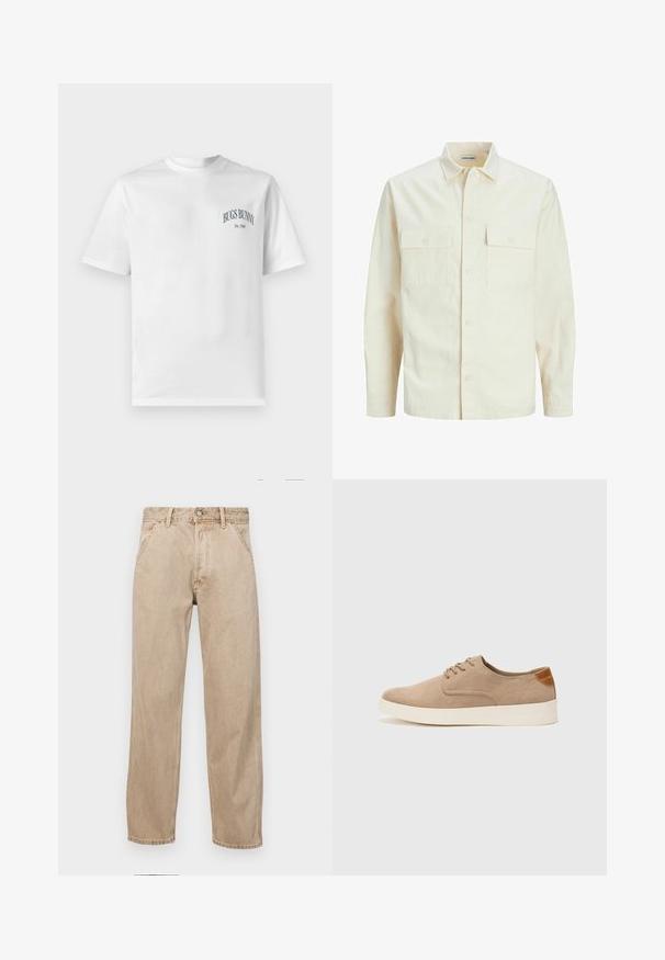 Kergedbež pika-särk pikkade varrukatega, krae ja kahe eespool asuva taskuga, nööpidega kinnitamine ja reljeefne materjal.; Valge puuvillane T-särk lühikeste varrukatega, millel on tumesiniselt kirjatud "Bugs Bunny" tekst ja all "Est. 1940". Klassikaline ümar kaelus.; Bežidemini teksased sirgjoonise kujundusega, front pocket'itega, metallist nööbi kinnitusega ja peene tekstuuriga.; Beežid nahast tossud ümarate varvastega, paeltega esiosa ja tekstuuriga tagakontuuriga. Valge kummist tallapakkumine loob kontrasti. Lihtne ja kaasaegne disain.