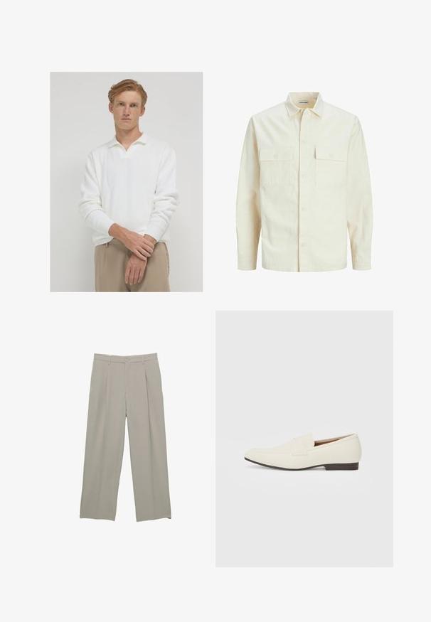 Hellbeige Langarmhemd mit klassischem Kragen, zwei Fronttaschen, Knopfverschluss und strukturiertem Stoff.; Calliope Poloshirt - bianco; Hellgraue weit geschnittene Hosen mit glatter Textur, mit vorderen Falten, Knopfverschluss und seitlichen Taschen.; Hellbeige Slipper mit spitzem Zehenbereich, glattem Material, einem Riemen über dem Vorderfuß und einer niedrigen braunen Sohle. Einfaches Design mit minimalen Akzenten.