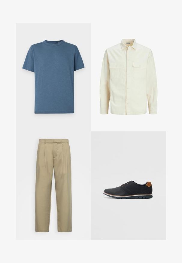 Cămașă lungă cu mâneci lungi de culoare bej deschis, cu guler, două buzunare frontale, închidere cu butoane și un material texturat.; Tricou bleu cu mânecă scurtă, realizat dintr-un material ușor, cu un guler rotund și branding subtil pe piept. Textură netedă.; Pantaloni bej, cu talie înaltă, cu croială dreaptă, având un front neted, buzunare laterale și un material neted, texturat.; Pantofi sintetici negri cu un superior texturat, accente netede, toc maro și o talpă contrastantă. Prezintă un șnur minimalist și detalii de cusătură.