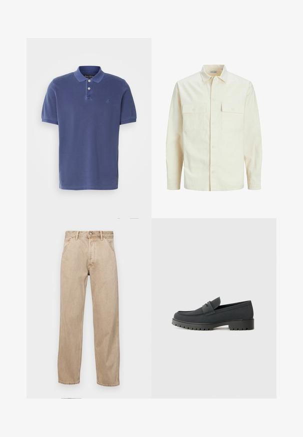 Kergedbež pika-särk pikkade varrukatega, krae ja kahe eespool asuva taskuga, nööpidega kinnitamine ja reljeefne materjal.; Tumedat sinine polosärk, mis on valmistatud puuvillast, sisaldab kolme nupuga värvel, lühikesi varrukaid ja väikest logo rinnal. Lihtne disain.; Bežidemini teksased sirgjoonise kujundusega, front pocket'itega, metallist nööbi kinnitusega ja peene tekstuuriga.; Mustad musta kinga sileda, mati viimistlusega, ümarate varvastega ja paksu, tekstuuriga tallaga. Esiosa rihmaga aktsent.